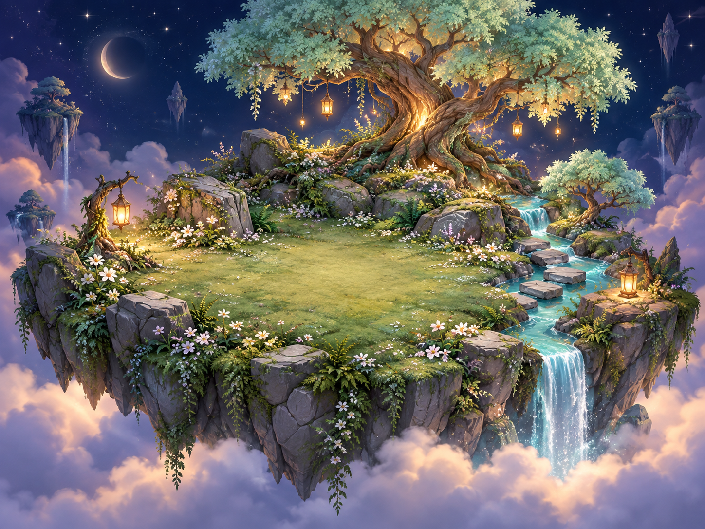 A floating forest island with trees and a stream above the clouds