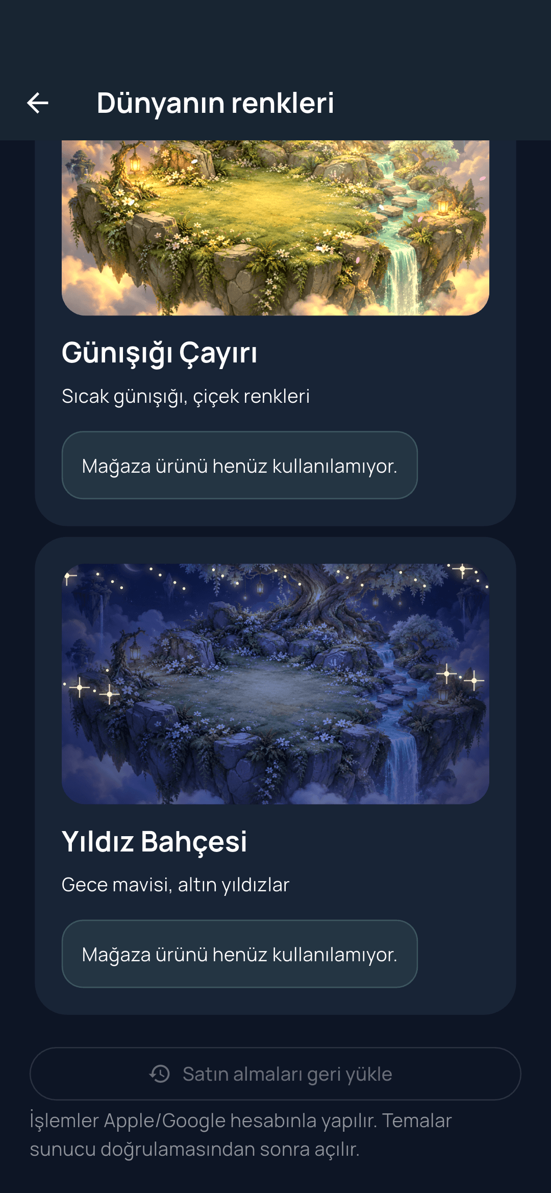 Uygulamadaki tema mağazası: Günışığı Çayırı ve Yıldız Bahçesi ön izlemeleri