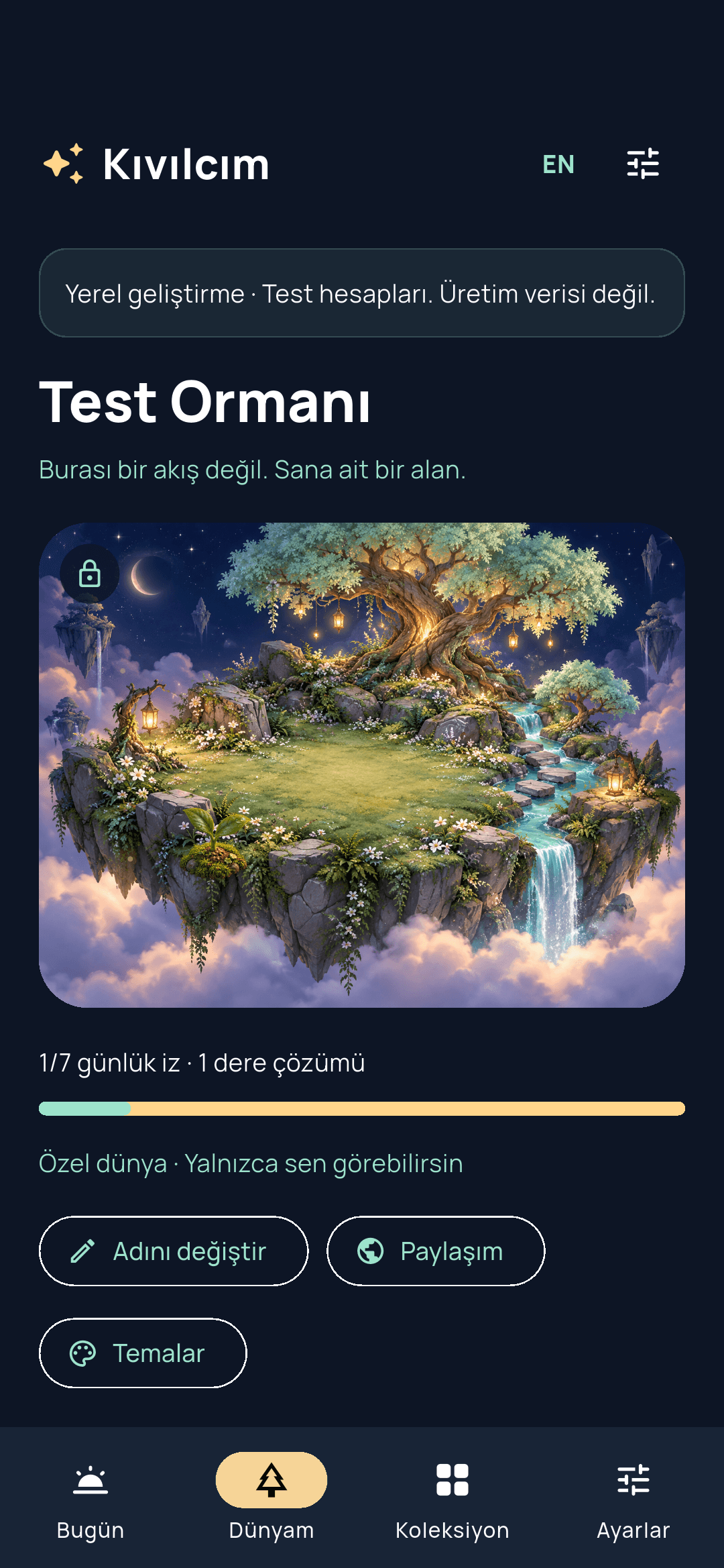 Dünyam ekranı: yerleştirilmiş Umut Tohumu, 1/7 günlük iz ve 1 dere çözümü